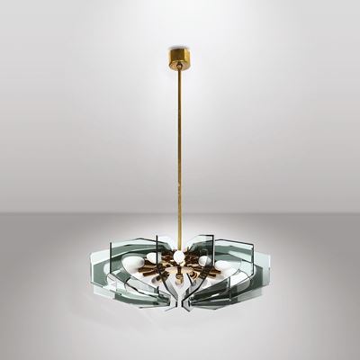 Lampada a Sospensione con Struttura in Ottone e Diffusori in Vetro Colorato Molato.