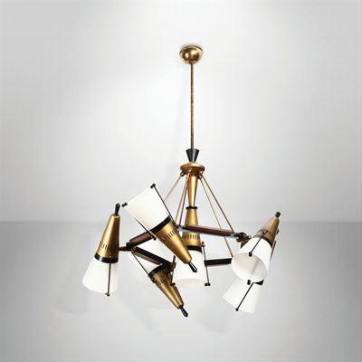 Lampada a Sospensione con Struttura in Ottone e Ottone Laccato. Diffusori in Vetro Opalino.