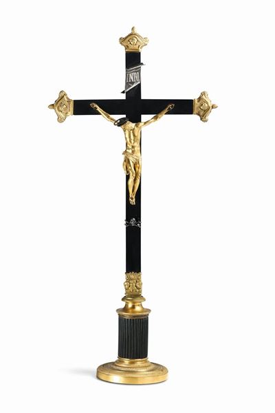 Croce da Meditazione in Legno Ebanizzato, Argento, Bronzo Fuso Cesellato e Dorato. Arte Italiana ...