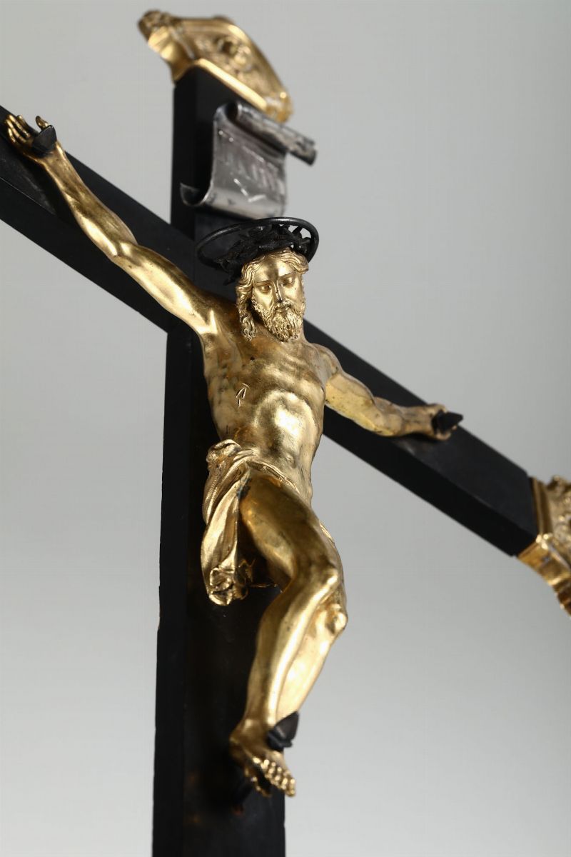 Croce da Meditazione in Legno Ebanizzato, Argento, Bronzo Fuso Cesellato e Dorato. Arte Italiana ...