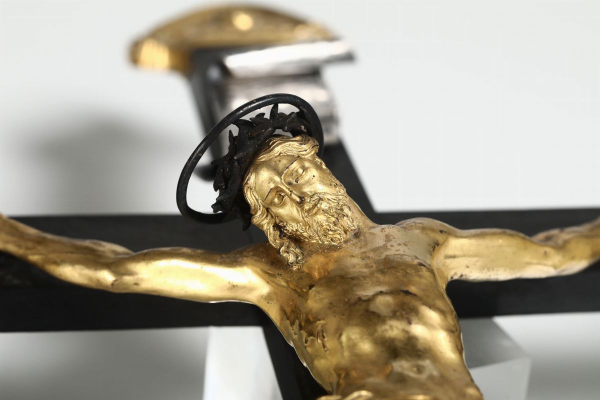 Croce da Meditazione in Legno Ebanizzato, Argento, Bronzo Fuso Cesellato e Dorato. Arte Italiana ...