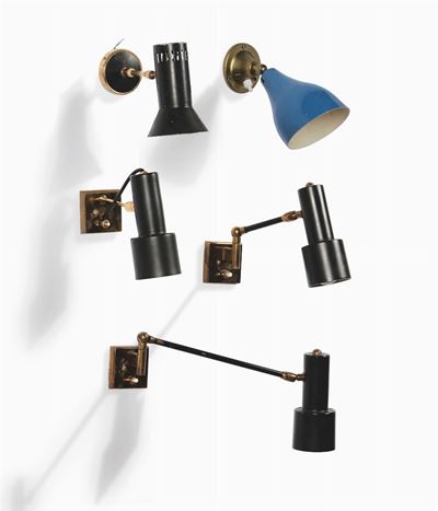 Set di Cinque Appliques in Ottone con Diffusore in Metallo Laccato.