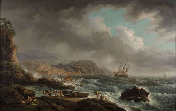 Carlo Bonavia (attivo 1755-1788) Veduta costiera con scena di naufragio