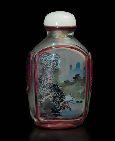 Snuff Bottle in Vetro Dipinto con Scene Naturalistiche, Cina, XX Secolo