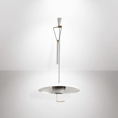 Lampada a Sospensione con Meccanismo a Contrappeso. Struttura in Ottone e Alluminio Laccato.