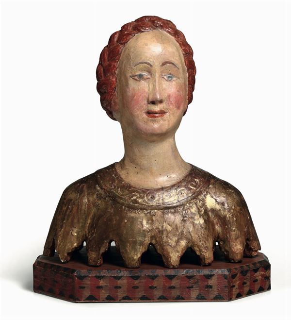 Busto femminile in legno policromo e dorato in stile rinascimentale del XV-XVI secolo