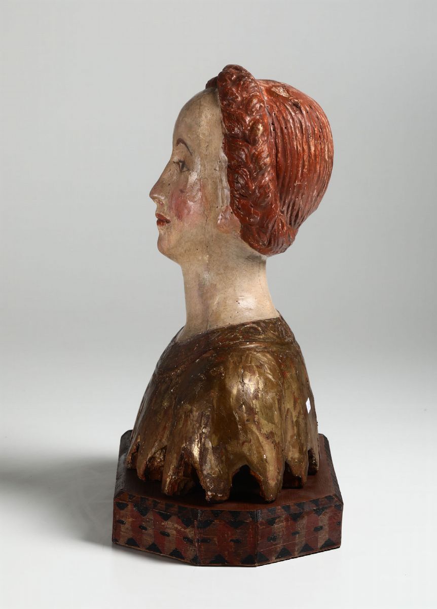 Busto Femminile in Legno Policromo e Dorato in Stile Rinascimentale del XV-XVI Secolo