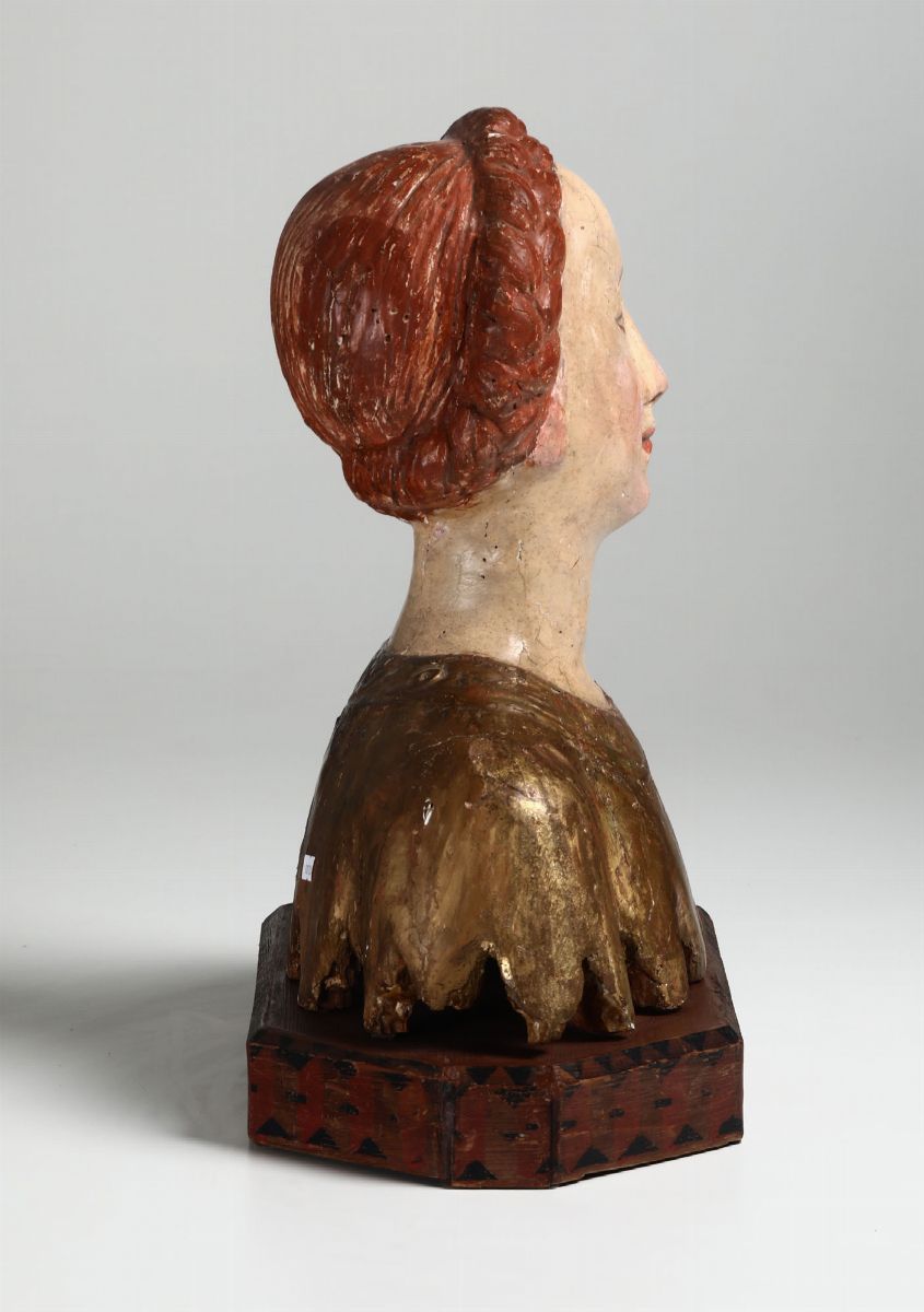 Busto Femminile in Legno Policromo e Dorato in Stile Rinascimentale del XV-XVI Secolo