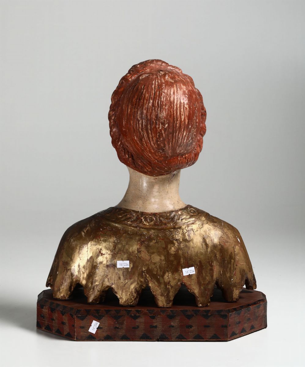 Busto Femminile in Legno Policromo e Dorato in Stile Rinascimentale del XV-XVI Secolo