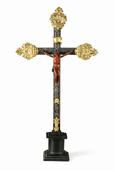 Croce da Meditazione in Legno Ebanizzato, Argento, Rame e Bronzo Dorato. Cristo in Bosso Scolpito...