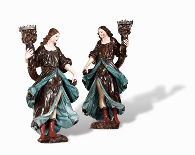 Coppia di Angeli Reggitorcia in Legno Policromo. Arte Barocca Genovese del XVII-XVIII Secolo