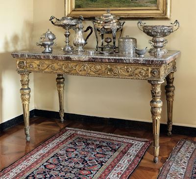 Grande Consolle Luigi XVI in Legno Intagliato e Dorato con Piano Lastronato in Marmo, Fine XVIII ...