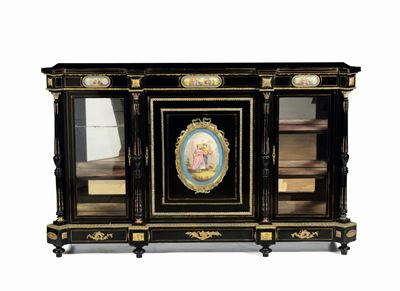 Servant Napoleone III in Legno Ebanizzato con Placche in Porcellana, XIX Secolo