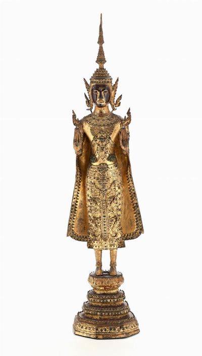 Figura di Buddha Eretto in Bronzo Dorato, Thailandia, XIX Secolo