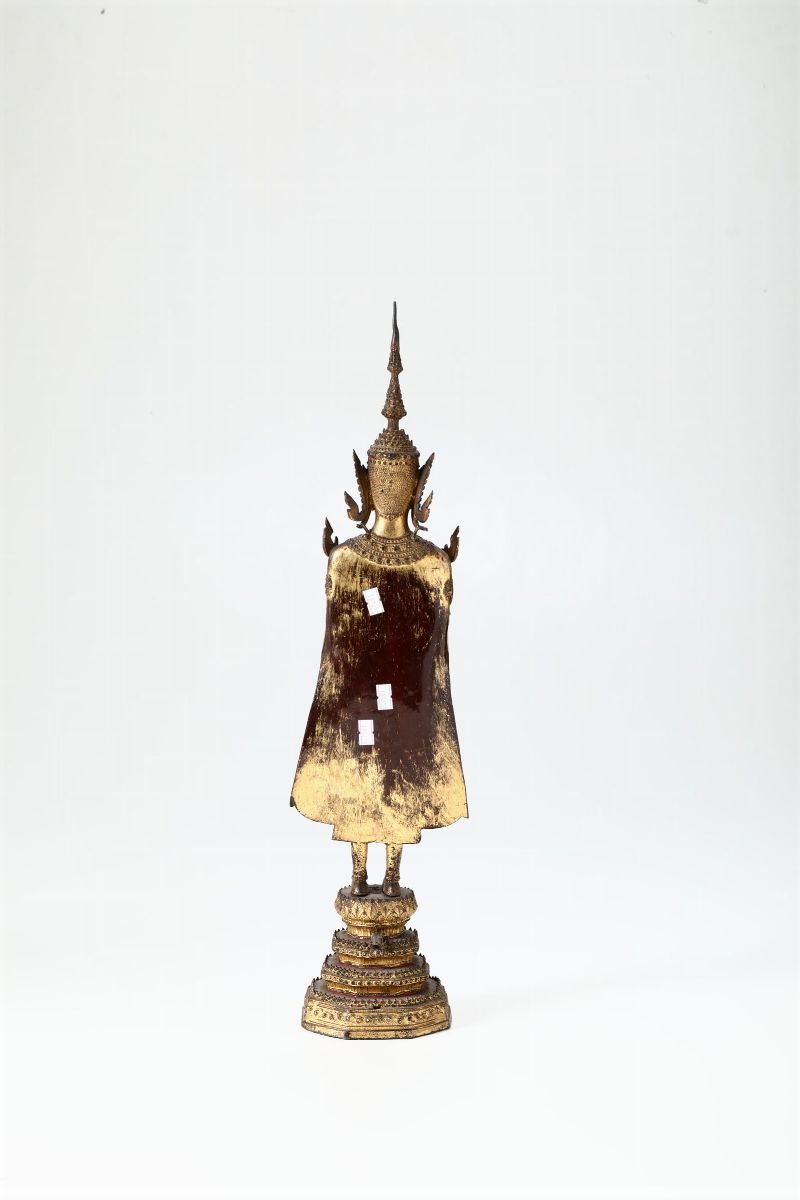 Figura di Buddha Eretto in Bronzo Dorato, Thailandia, XIX Secolo