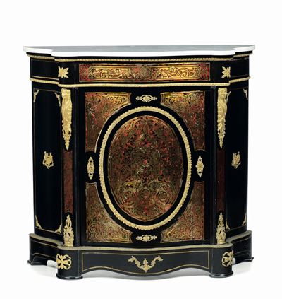 Credenzino Napoleone III in Legno Ebanizzato e Decoro in Metallo Dorato di Gusto Boulle, Francia ...