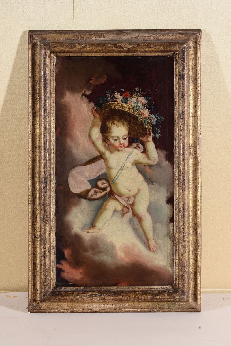 Scuola del XVIII-XIX Secoloputto con Cesto di Fiori e Putto con Colombe