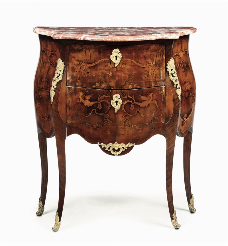 Comodino in stile impiallacciato ed intarsiato a due cassetti, XIX-XX secolo  - Auction Fine Art - Cambi Casa d'Aste