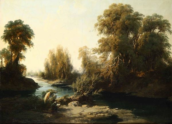 Giuseppe Camino (1818 - 1890) Paesaggio con pittore en plein air, 1853