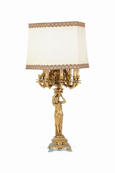Coppia di Candelabri in Bronzo Dorato a Otto Fiamme, XIX Secolo