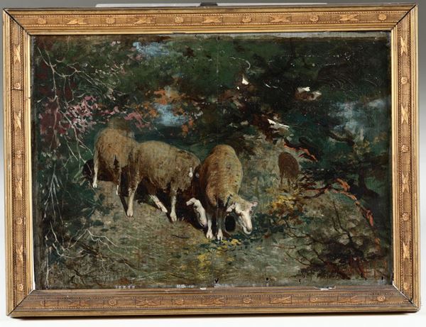 Pittore del XIX-XX secolo Gregge Stalla con animali