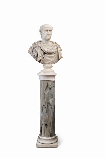 Busto di Imperatore, Vespasiano (?). Testa e Base in Marmo Bianco e Lorica in Marmo Striato (pavo...