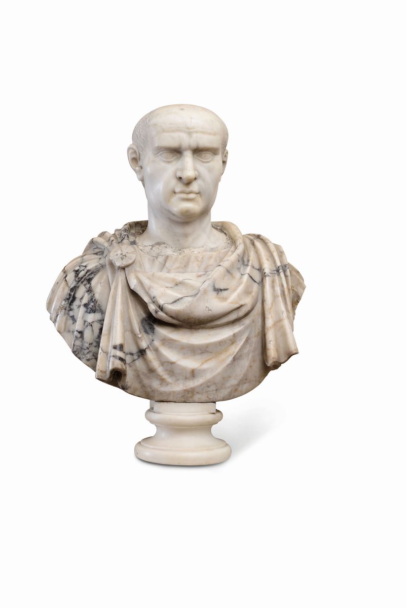 Busto di Imperatore, Vespasiano (?). Testa e Base in Marmo Bianco e Lorica in Marmo Striato (pavo...
