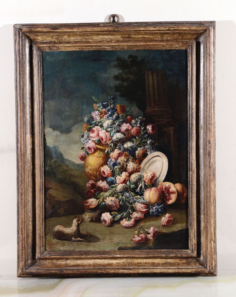Francesco Lavagna (1684 - 1724), attribuito a Natura morta con fiori e melograni  - Asta Fine Art - Cambi Casa d'Aste