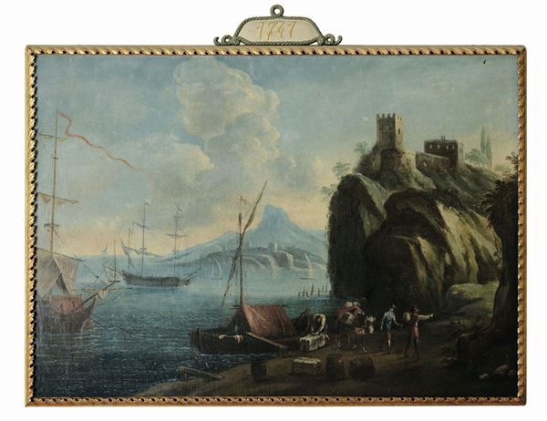 School of the 18th century Veduta costiera con castello Veduta costiera con Vesuvio sullo sfondo Paesaggio con armenti