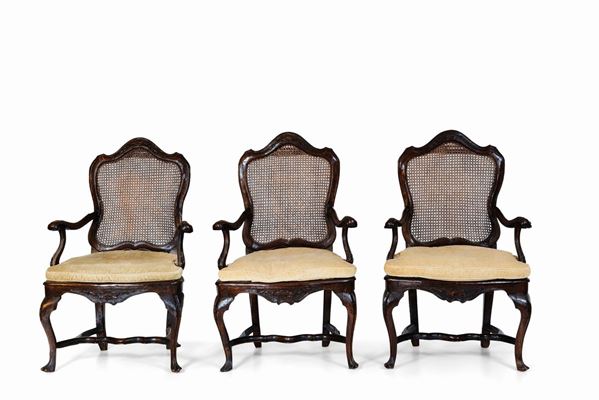 Six walnut armchairs, Veneto, early 1700s
