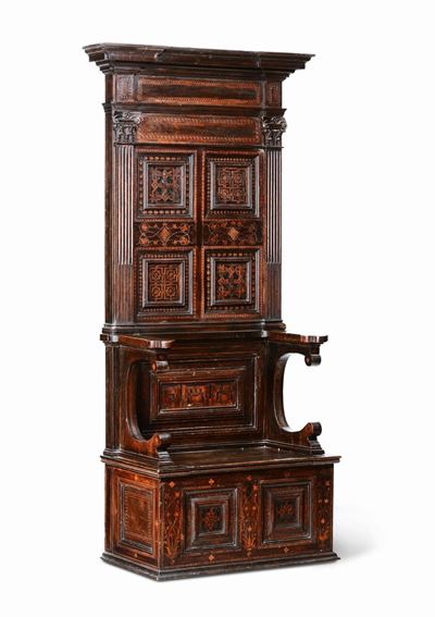 Trono in Legno con Elementi Intarsiati “alla Certosina”, Elementi del XV Secolo e Successivi