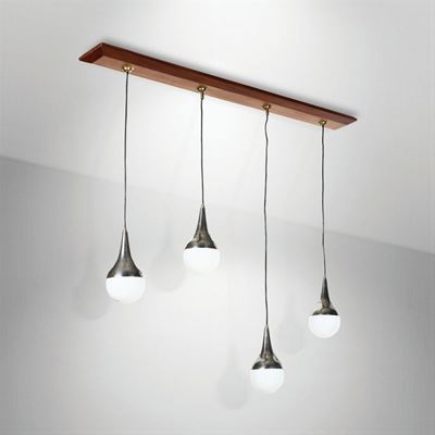 Lampada a Sospensione con Struttura in Legno e Ottone Nichelato. Diffusori in Vetro Opalino.