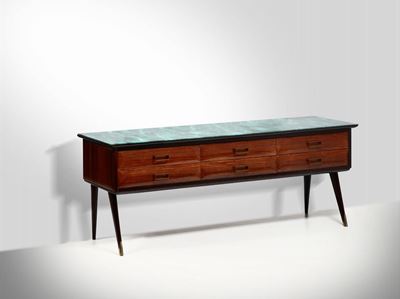 Consolle con Struttura in Legno e Legno Ebanizzato. Puntali in Ottone e Piano in Vetro Marmorizza...
