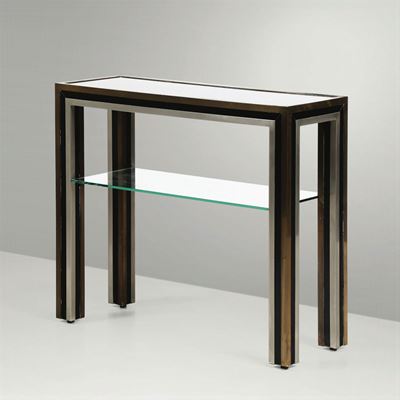 Consolle con Struttura in Ottone e Piani in Vetro.