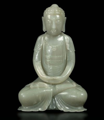 Figura di Amitayus Scolpita in Giada Bianca, Cina, Fine XIX Secolo