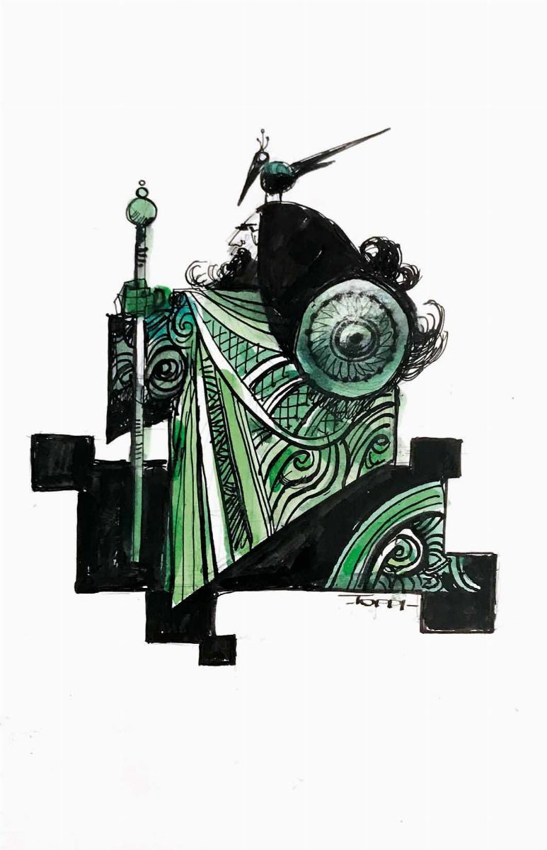 Sergio Toppi (1932-2012) Illustrazione per portfolio di leggende celtiche  - Asta I Maestri del Fumetto e dell'Illustrazione - Cambi Casa d'Aste