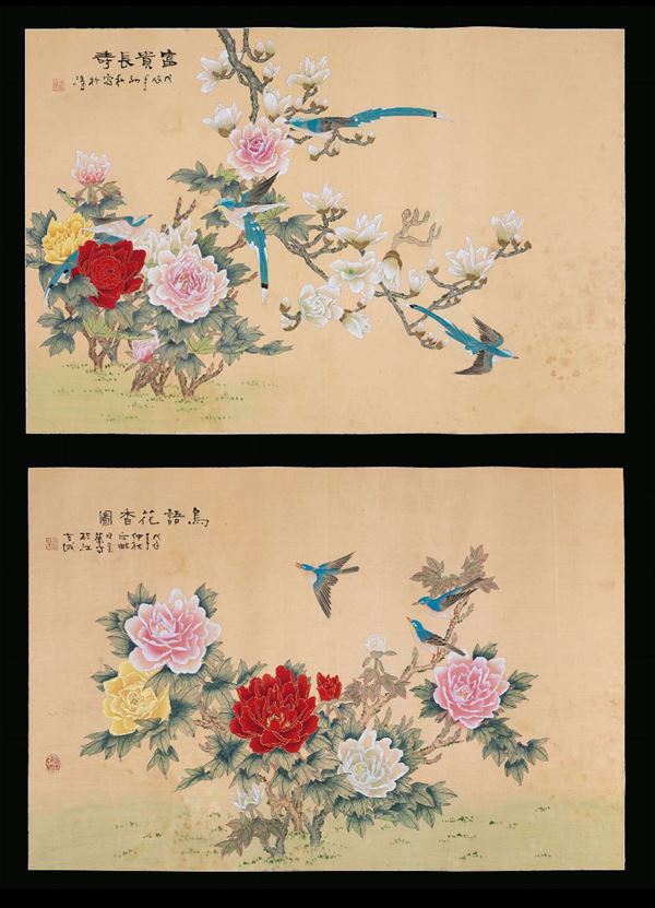 Coppia di dipinti su seta con fiori e iscrizioni, Cina,  inizio XX secolo