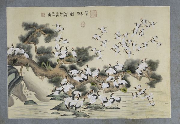 Dipinto su seta raffigurante aironi e iscrizione, Cina, inizio XX secolo