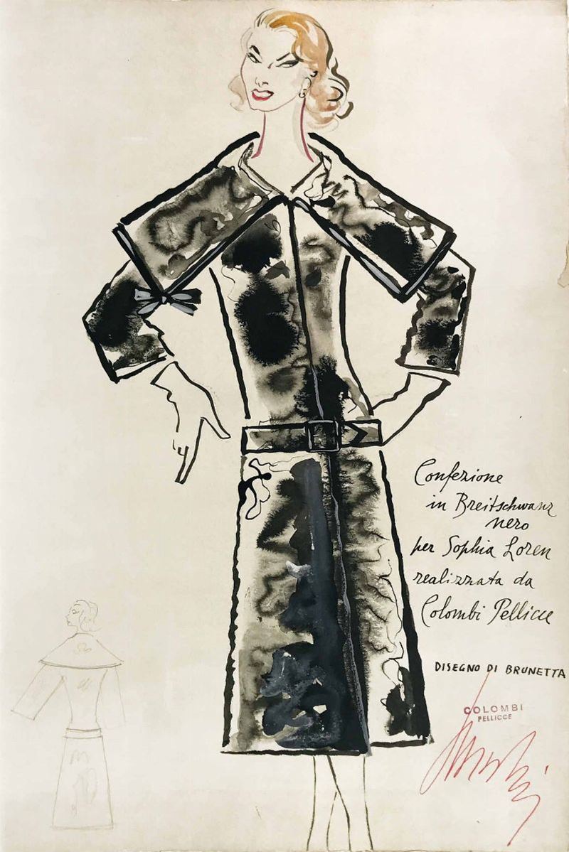 Bruna Moretti Brunetta (1904-1989) Confezione in breit schwarz per Sophia Loren realizzata da Colombi Pellicce  - Asta I Maestri del Fumetto e dell'Illustrazione - Cambi Casa d'Aste