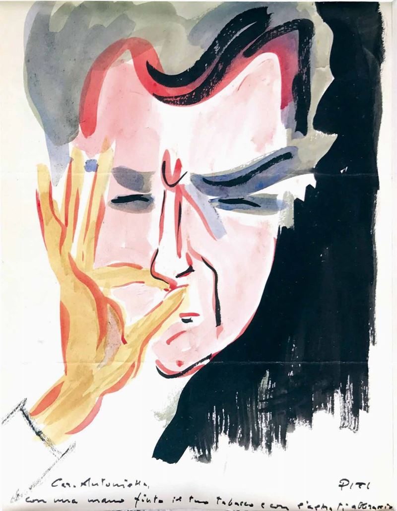 Dino Segre Pitigrilli (1893-1975) Autoritratto con sigaretta  - Asta I Maestri del Fumetto e dell'Illustrazione - Cambi Casa d'Aste