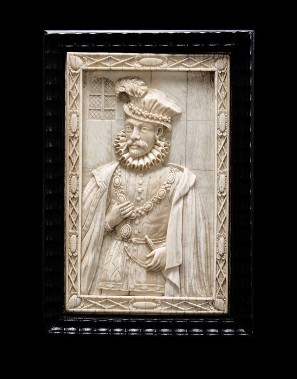 Ritratto di Carlo IX. Bassorilievo in avorio entro cornice guillochè in legno ebanizzato. Francia, Dieppe (?) XIX secolo