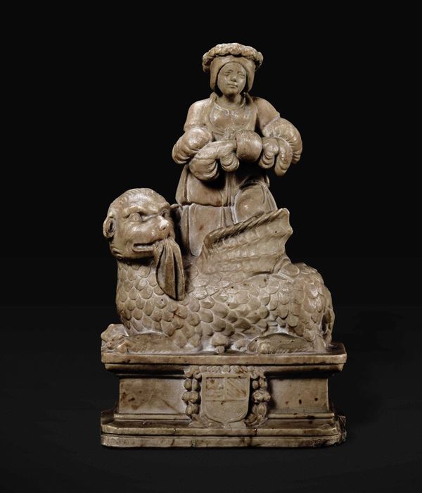 Santa Marta con il drago. Gruppo in alabastro scolpito. scultore spagnolo o del sud della Francia del  [..]