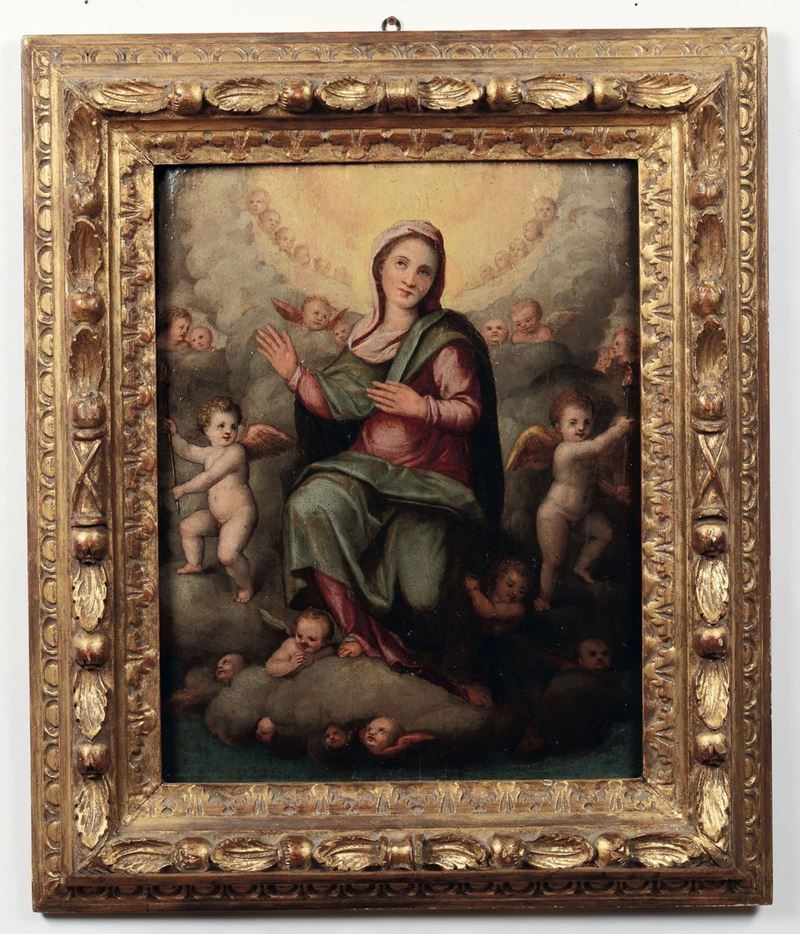 Scuola toscana della fine del XVI secolo Madonna assunta tra angeli  - Asta Fine Art - Cambi Casa d'Aste