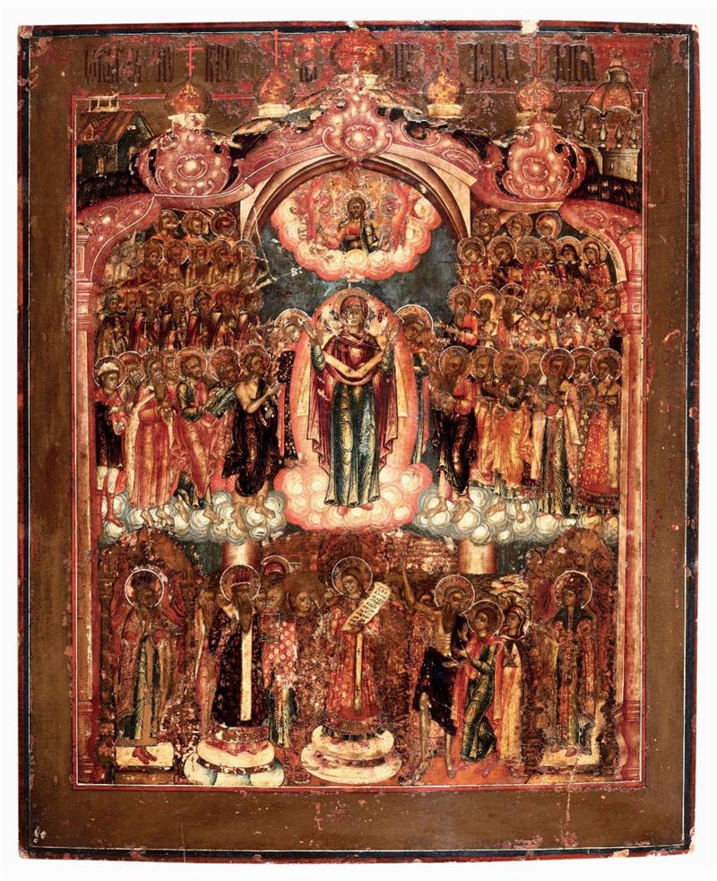 Icona raffigurante Vergine in gloria tra i santi, XIX secolo  - Asta Antiquariato - Cambi Casa d'Aste