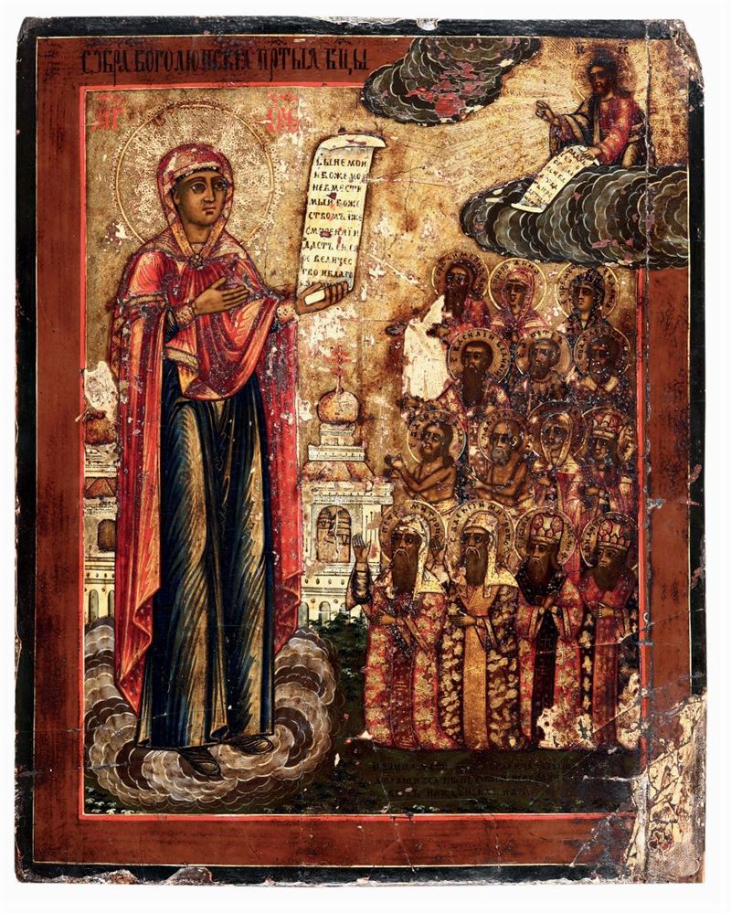 Icona raffigurante Vergine con Cristo e i santi, XIX secolo  - Asta Antiquariato - Cambi Casa d'Aste