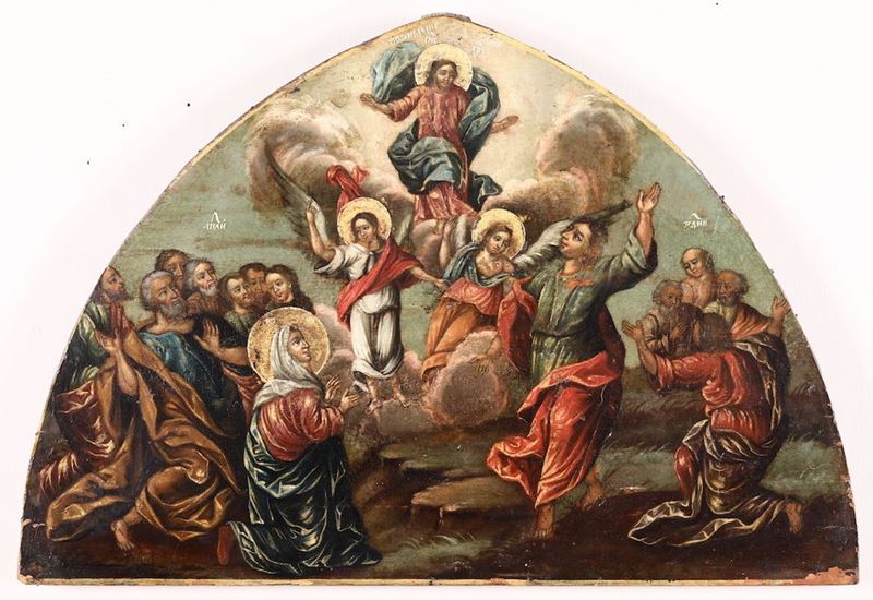 Icona cuspidata raffigurante Gesù e Santi, XIX-XX secolo  - Asta Pittura - Cambi Casa d'Aste