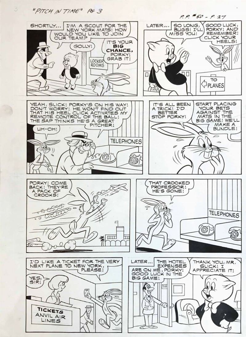 Phil De Lara (1914-1973) Porky Pig “Pitch in time”  - Asta I Maestri del Fumetto e dell'Illustrazione - Cambi Casa d'Aste