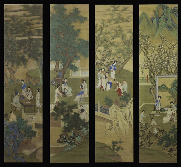 Quattro dipinti su carta raffiguranti scene di vita comune entro paesaggio, Cina, fine XIX secolo