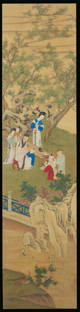 Quattro Dipinti su Carta Raffiguranti Scene di Vita Comune Entro Paesaggio, Cina, Fine XIX Secolo