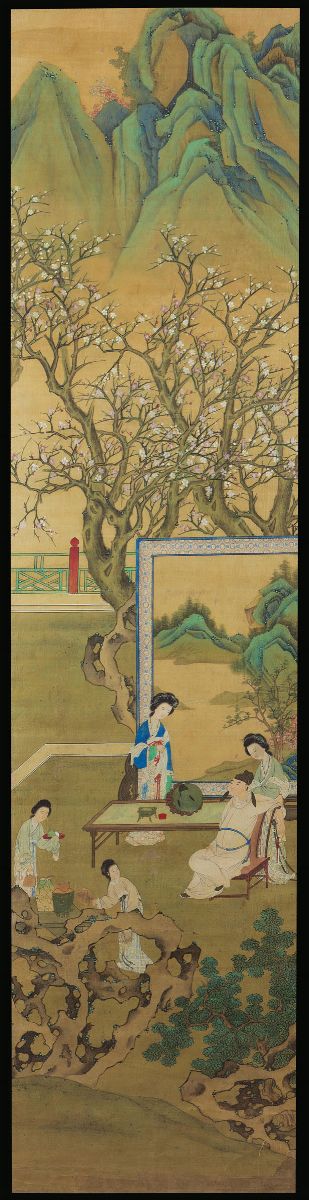 Quattro Dipinti su Carta Raffiguranti Scene di Vita Comune Entro Paesaggio, Cina, Fine XIX Secolo